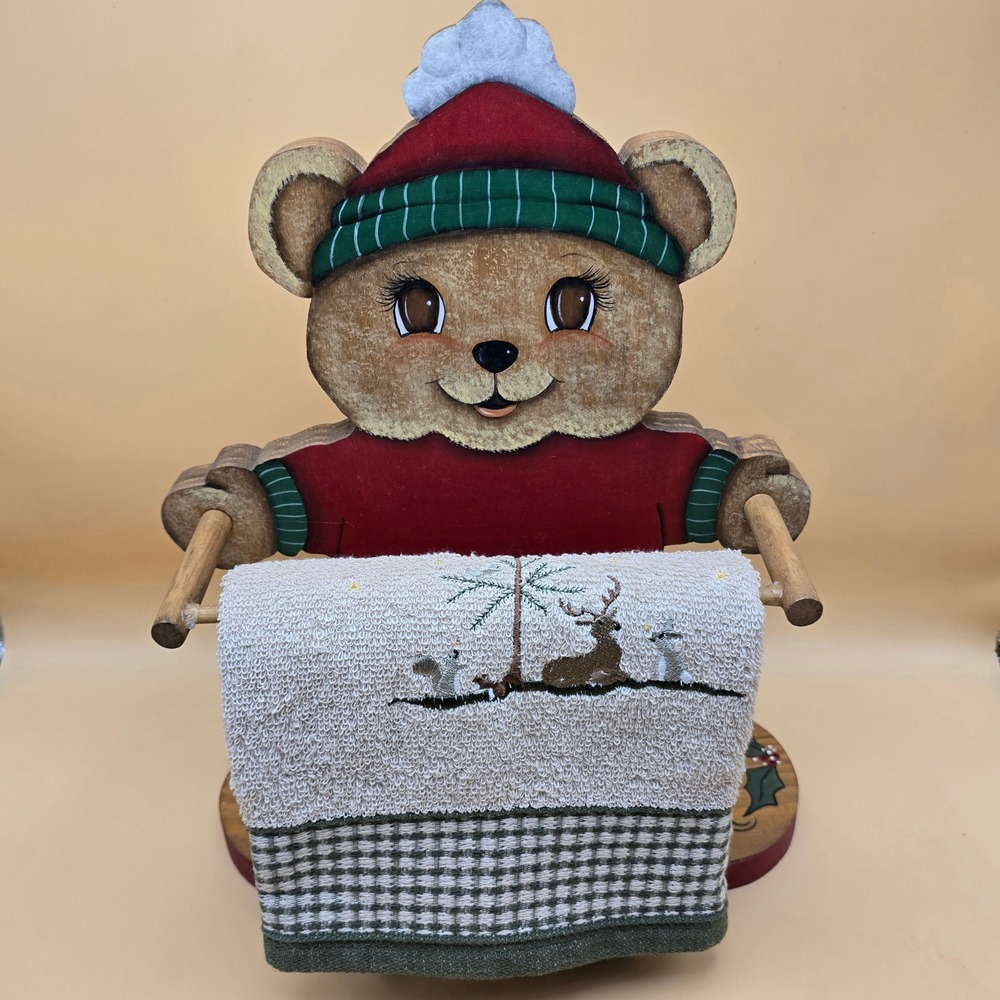 Vintage Christmas Wooden Teddy Bear Towel Holder Hand Painted Folk Art Holiday - Picture 1 of 16
